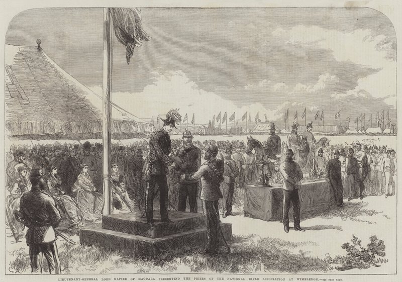 El teniente general Lord Napier de Magdala presentando los premios en la Asociación Nacional de Tiro en Wimbledon de Sir John Charles Robinson