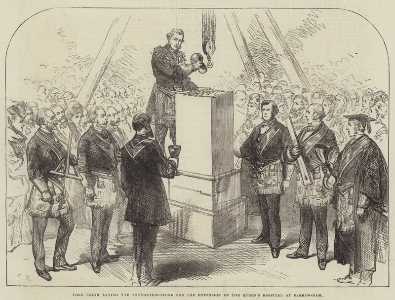 Lord Leigh colocando la Piedra Fundamental para la Extensión del Hospital de la Reina en Birmingham de Sir John Charles Robinson