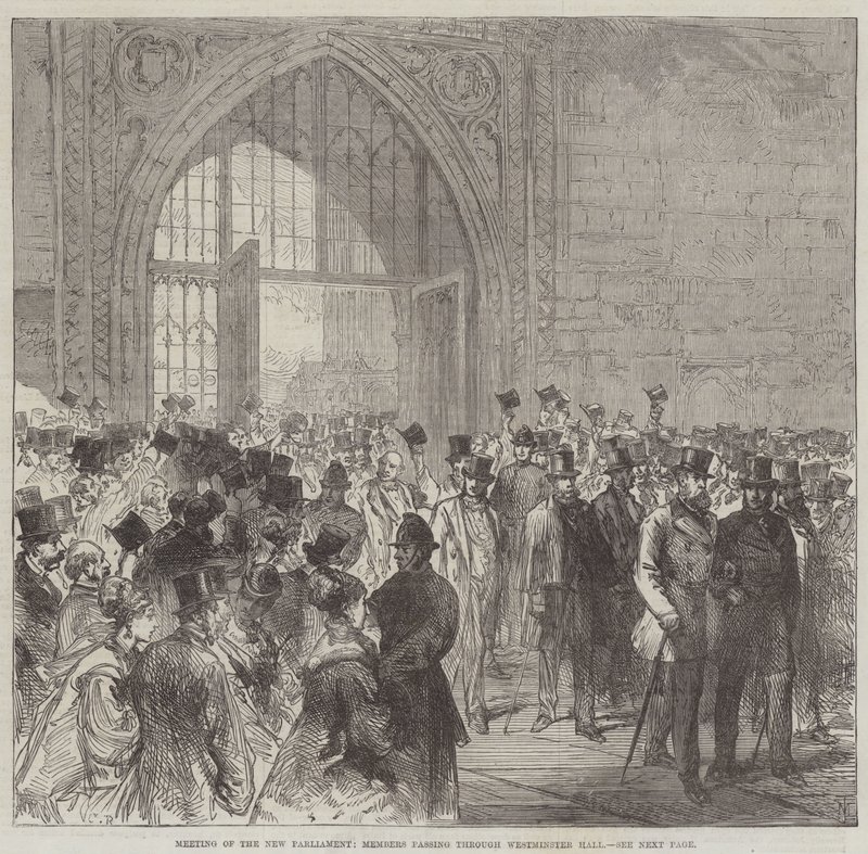 Reunión del nuevo parlamento, miembros pasando por Westminster Hall de Sir John Charles Robinson