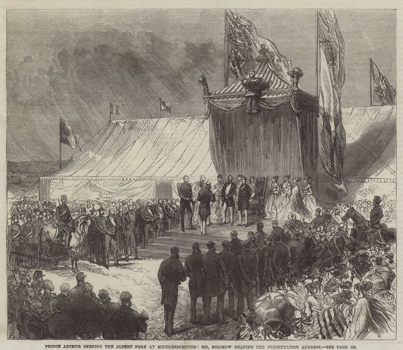 El Príncipe Arturo Inaugurando el Parque Albert en Middlesborough, el Sr. Bolckow leyendo el Discurso de Presentación de Sir John Charles Robinson