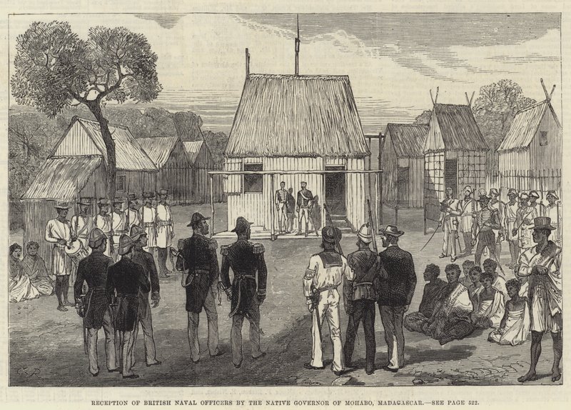 Recepción de oficiales navales británicos por el gobernador nativo de Mohabo, Madagascar de Sir John Charles Robinson