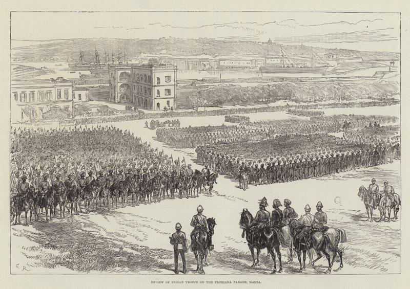 Revisión de tropas indias en el desfile de Floriana, Malta de Sir John Charles Robinson