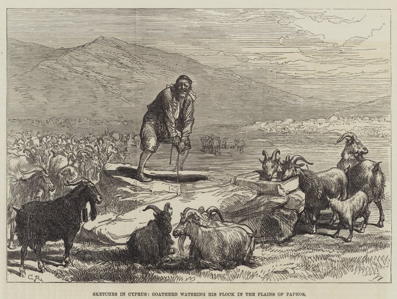 Bocetos en Chipre, pastor de cabras dando agua a su rebaño en las llanuras de Paphos de Sir John Charles Robinson