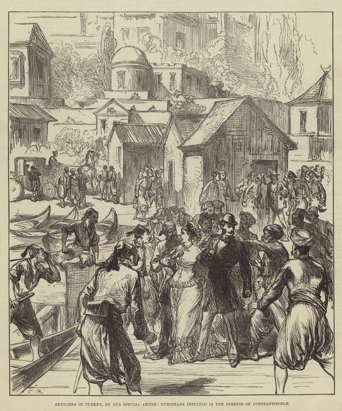 Bocetos en Turquía, europeos insultados en las calles de Constantinopla de Sir John Charles Robinson