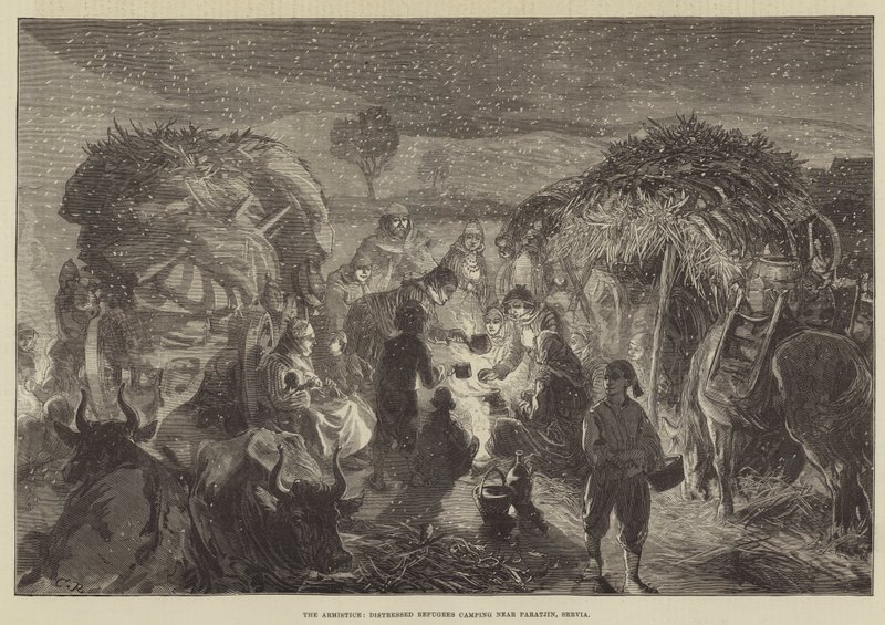 El armisticio, refugiados angustiados acampando cerca de Paratjin, Servia de Sir John Charles Robinson