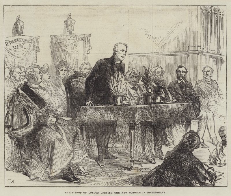 El obispo de Londres inaugurando las nuevas escuelas en Bishopsgate de Sir John Charles Robinson
