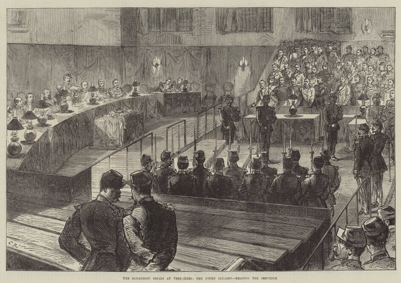 Los juicios comunistas en Versalles, el tribunal despejado, leyendo la sentencia de Sir John Charles Robinson