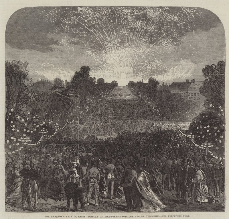 La fiesta del emperador en París, exhibición de fuegos artificiales desde el Arco de Triunfo de Sir John Charles Robinson