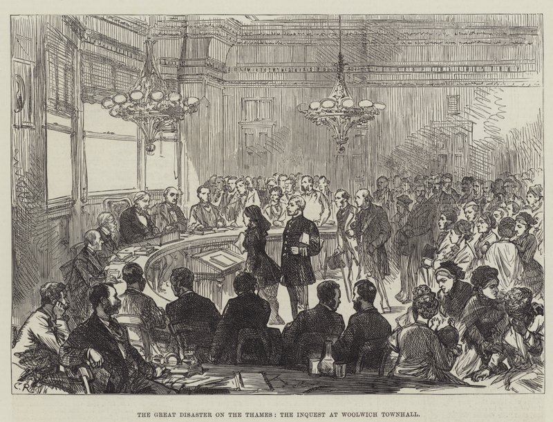 El gran desastre en el Támesis, la investigación en el Ayuntamiento de Woolwich de Sir John Charles Robinson