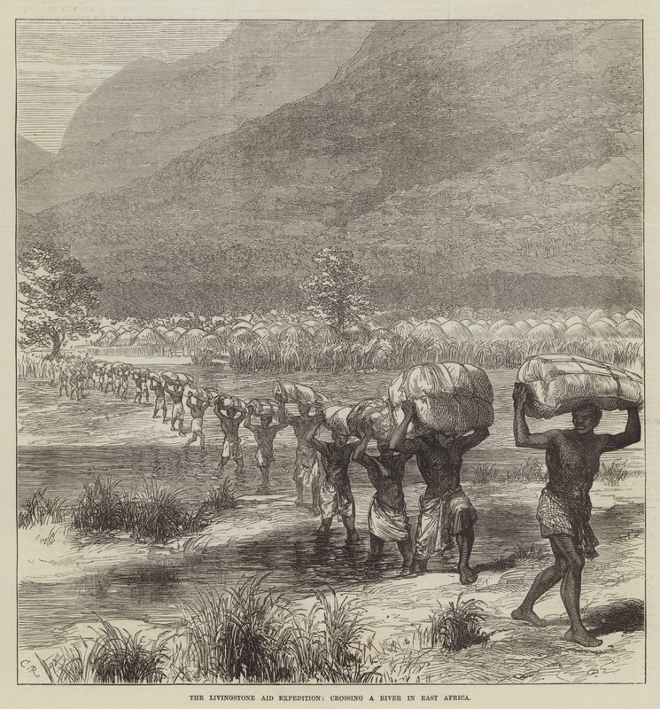 La expedición de ayuda a Livingstone, cruzando un río en África Oriental de Sir John Charles Robinson