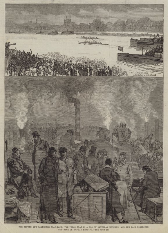La Carrera de Botes de Oxford y Cambridge, el Barco de Prensa en una Niebla el Sábado por la Mañana, y la Carrera Pospuesta, la Carrera el Lunes por la Mañana de Sir John Charles Robinson