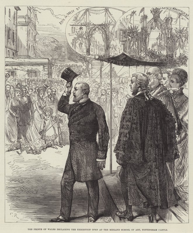 El Príncipe de Gales declarando la inauguración de la Exposición en la Escuela de Arte de Midland, Castillo de Nottingham de Sir John Charles Robinson