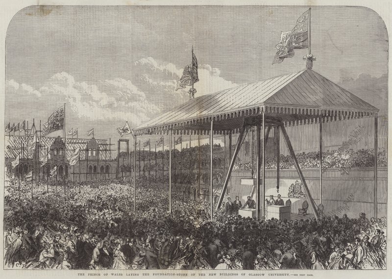 El Príncipe de Gales colocando la primera piedra de los nuevos edificios de la Universidad de Glasgow de Sir John Charles Robinson