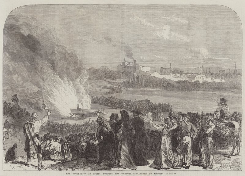La revolución en España, quemando el cadalso de garrote en Madrid de Sir John Charles Robinson