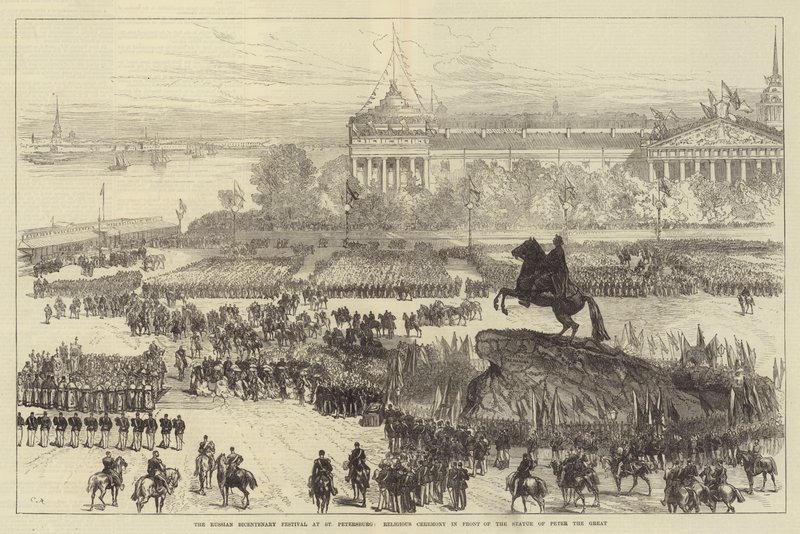 Festival bicentenario ruso en San Petersburgo, ceremonia religiosa frente a la estatua de Pedro el Grande de Sir John Charles Robinson