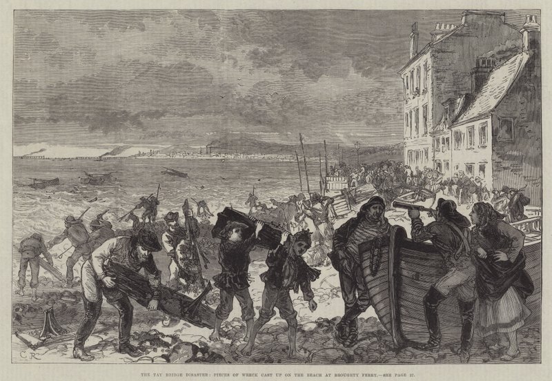 El desastre del puente Tay, piezas del naufragio arrojadas a la playa en Broughty Ferry de Sir John Charles Robinson