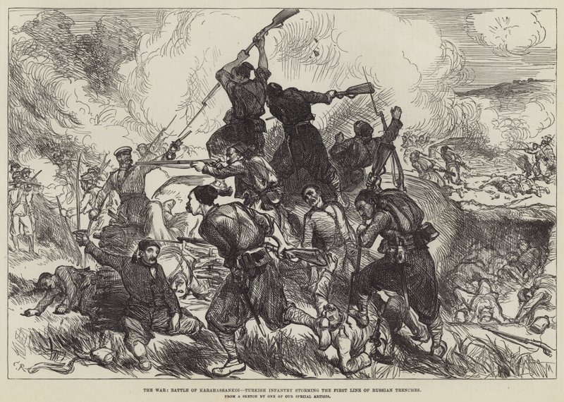 La guerra, batalla de Karahassankoi, infantería turca asaltando la primera línea de trincheras rusas de Sir John Charles Robinson