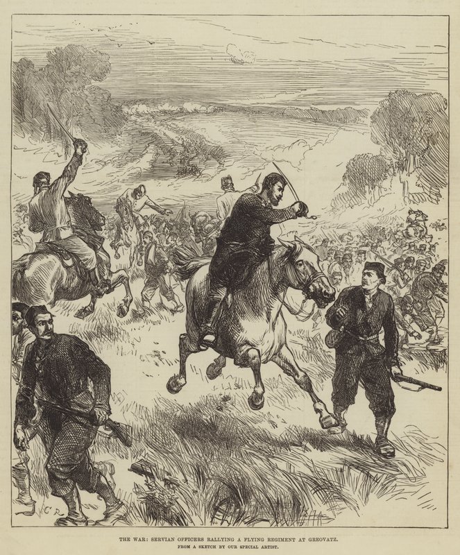 La guerra, oficiales serbios reuniendo un regimiento en fuga en Greovatz de Sir John Charles Robinson
