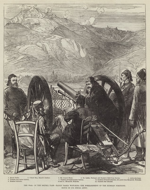 La guerra, en el paso de Shipka, Raouf Pasha observando el bombardeo de las posiciones rusas de Sir John Charles Robinson