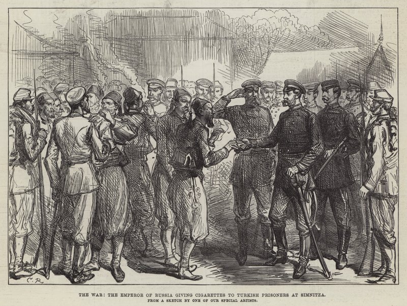 La guerra, el emperador de Rusia dando cigarrillos a los prisioneros turcos en Simnitza de Sir John Charles Robinson