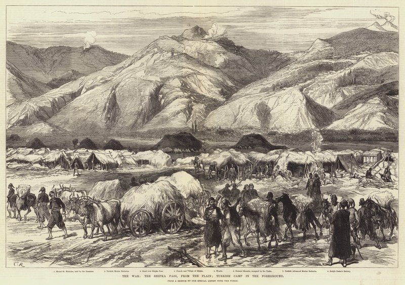 La guerra, el paso de Shipka, desde la llanura; campamento turco en primer plano de Sir John Charles Robinson