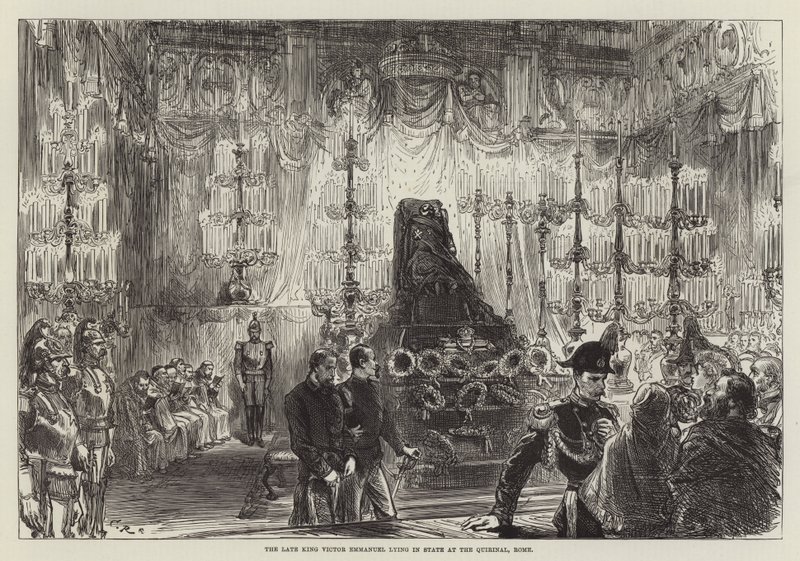 El difunto Rey Víctor Manuel en estado en el Quirinal, Roma de Sir John Charles Robinson