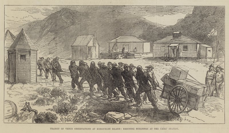 Observaciones del tránsito de Venus en la isla Kerguelen, erigiendo edificios en la estación principal de Sir John Charles Robinson