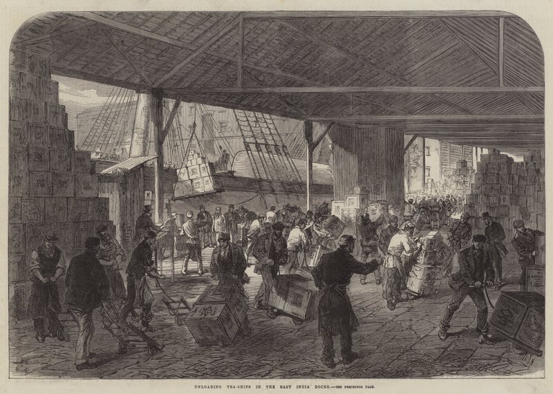 Descargando barcos de té en los muelles de East India de Sir John Charles Robinson