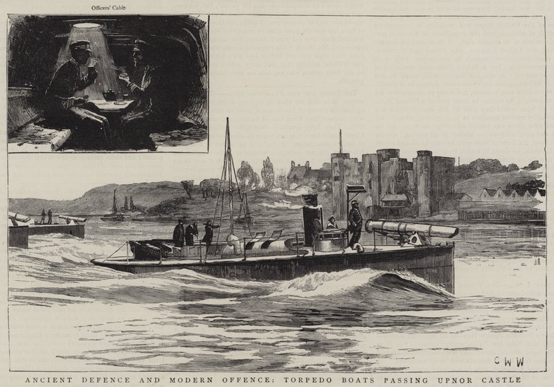 Defensa Antigua y Ofensa Moderna, Barcos Torpedo pasando el Castillo de Upnor de Charles William Wyllie