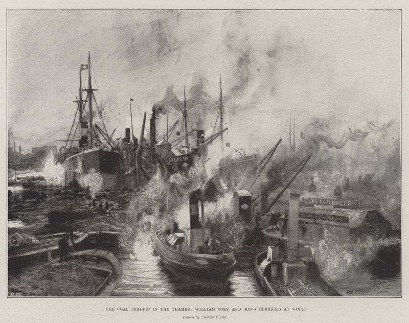 El tráfico de carbón en el Támesis, grúas de William Cory y Son en acción de Charles William Wyllie