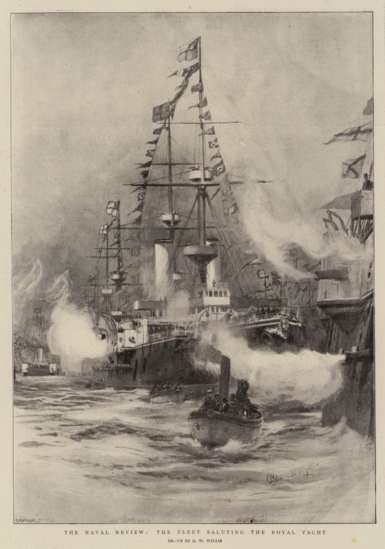 La revisión naval, la flota saludando al yate real de Charles William Wyllie