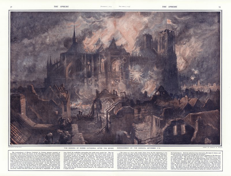 El incendio de la Catedral de Reims tras el severo bombardeo por los alemanes, 17-24 de septiembre de 1914 de Charles William Wyllie