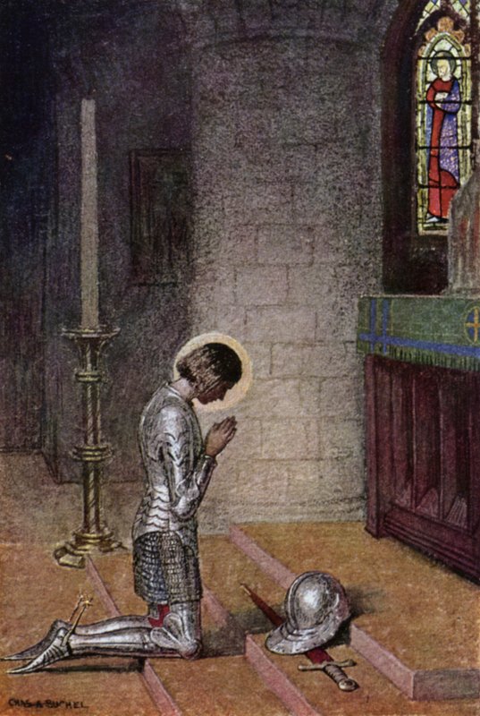 Juana de Arco: ante el altar (litografía en color) de Charles A. Buchel