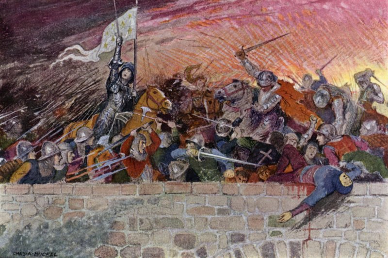 Juana de Arco: "¡En nombre de Dios, adelante!" (litografía en color) de Charles A. Buchel