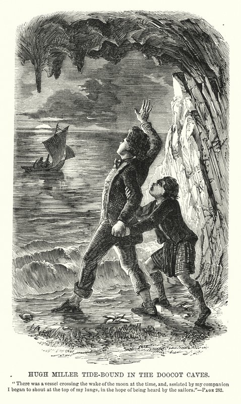 Hugh Miller atrapado por la marea en las Cuevas Doocot (grabado) de Charles Altamont Doyle