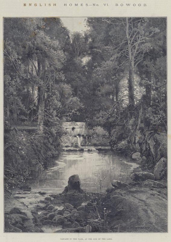 Hogares Ingleses, Bowood, Cascada en el Parque, al Final del Lago de Charles Auguste Loye