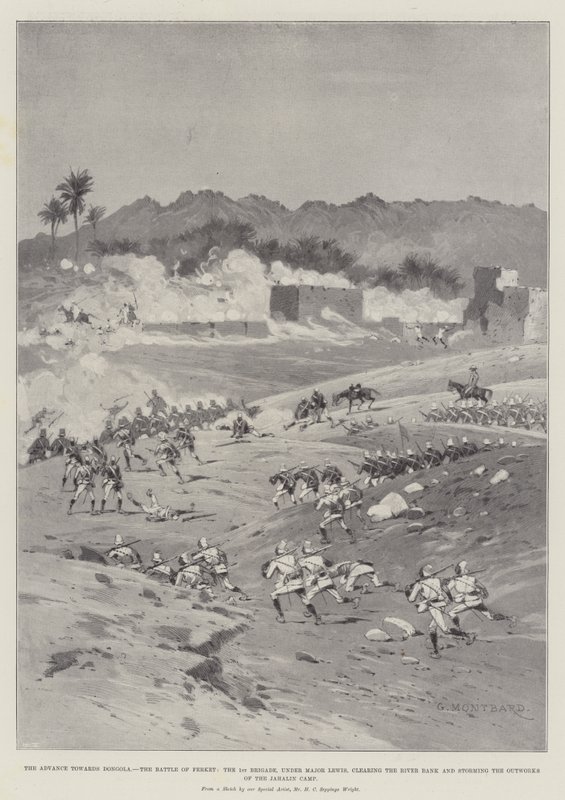 El avance hacia Dongola, la batalla de Ferket, la 1ª Brigada, bajo el mando del Mayor Lewis, despejando la orilla del río y asaltando las obras exteriores del campamento de Jahalin de Charles Auguste Loye