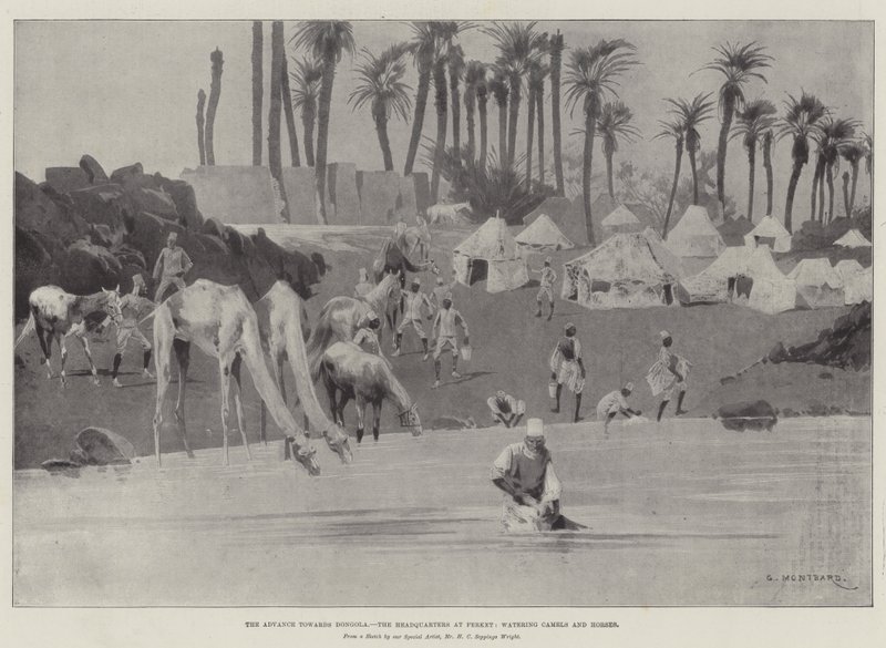 El Avance hacia Dongola, el Cuartel General en Ferket, abrevando Camellos y Caballos de Charles Auguste Loye