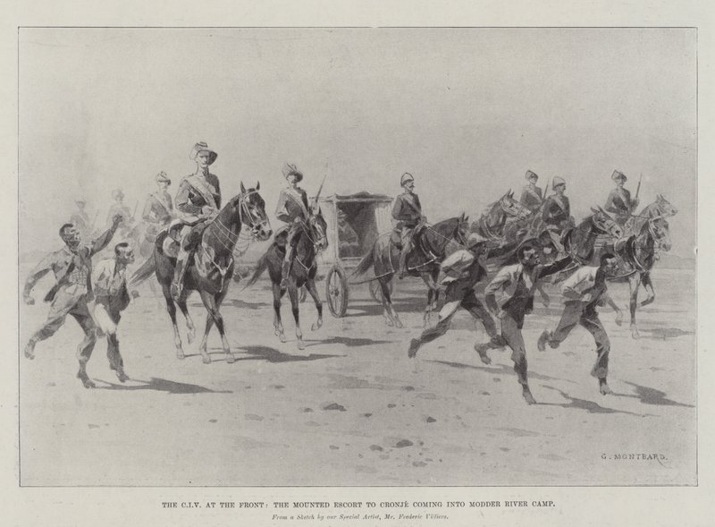 El CIV en el frente, la escolta montada a Cronje entrando en el campamento del río Modder de Charles Auguste Loye