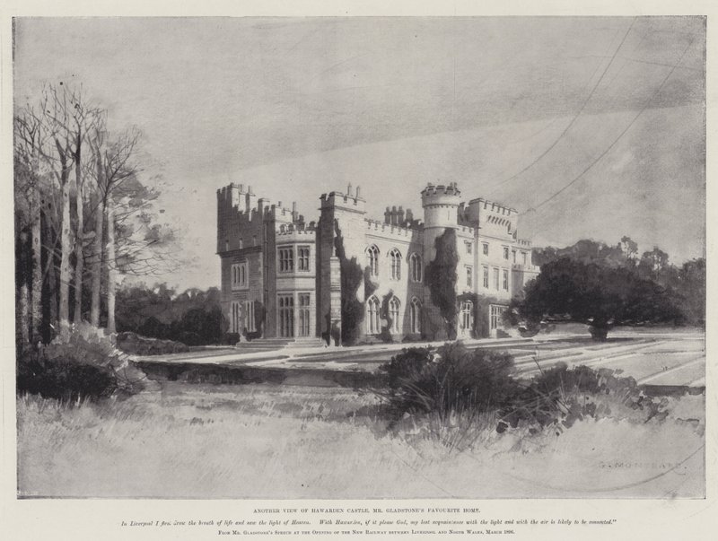 La vida de William Ewart Gladstone, otra vista del Castillo de Hawarden, el hogar favorito del Sr. Gladstone de Charles Auguste Loye