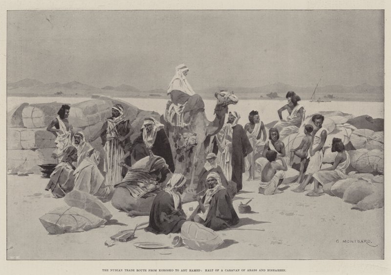 La Ruta Comercial Nubia de Korosko a Abu Hamed, Parada de una Caravana de Árabes y Bishareen de Charles Auguste Loye