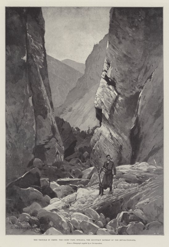 El problema en Creta, el paso principal, Sphakia, el refugio montañoso de los revolucionarios de Charles Auguste Loye