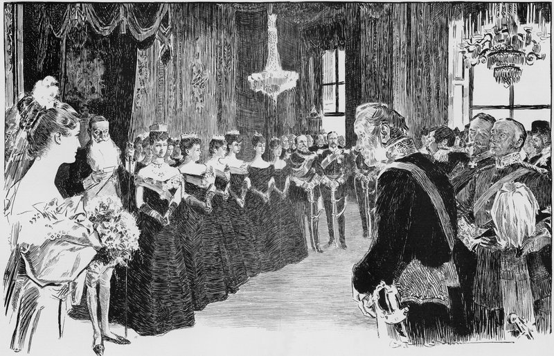 El primer vistazo de una debutante a la realeza, una escena en la Sala de Audiencias de la Reina de Charles Dana Gibson