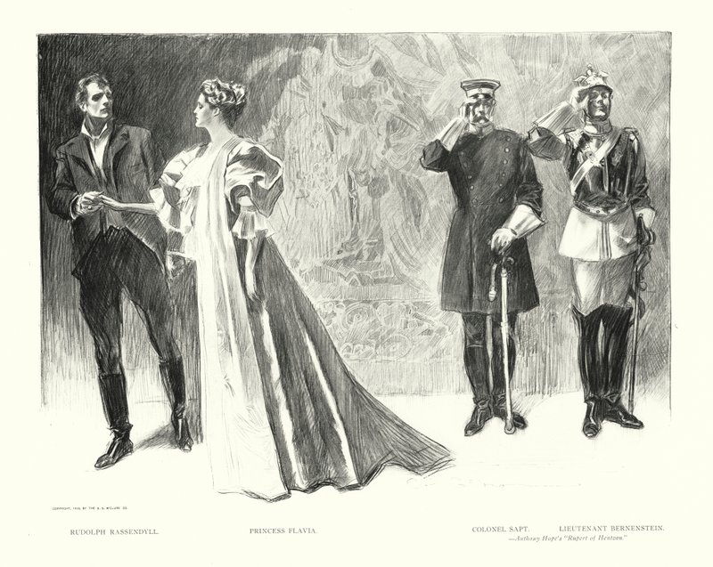 Rudolph Rassendyll, Princesa Flavia, Coronel Sapt, Teniente Bernenstein (litografía) de Charles Dana Gibson