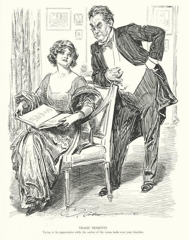 Momentos trágicos, Intentar ser agradecido mientras el autor de los versos te mira por encima del hombro (litografía) de Charles Dana Gibson