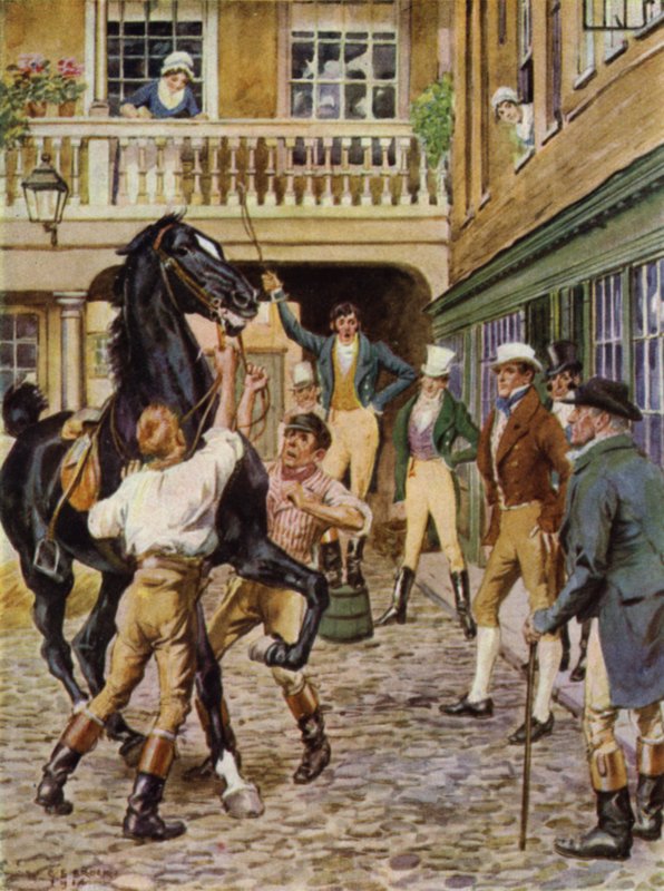 Ilustración para The Amateur Gentleman de Jeffery Farnol (litografia en color) de Charles Edmund (after) Brock