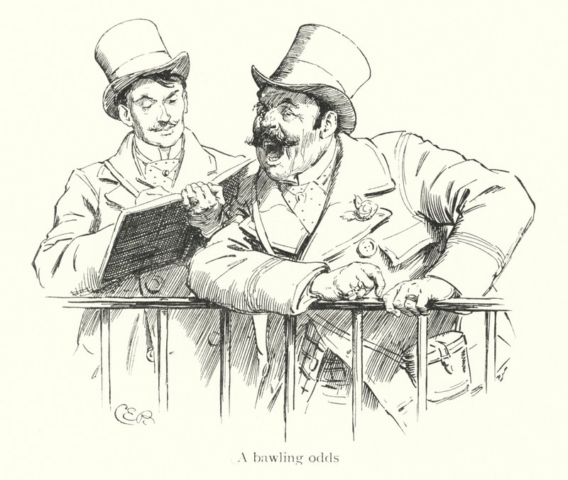 Corredor de apuestas gritando probabilidades en un hipódromo de Charles Edmund Brock