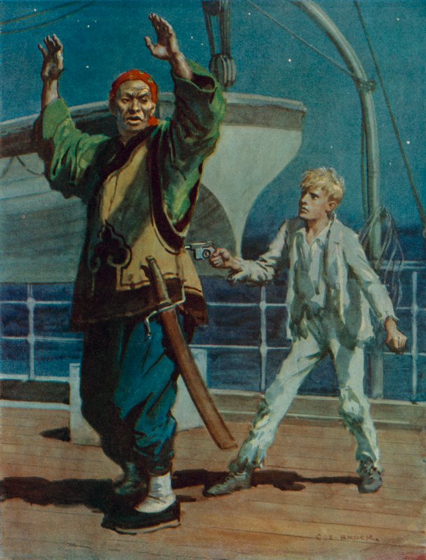 Niño apuntando con una pistola a un pirata chino, escena de Hai Ping el Pirata de Charles Edmund Brock