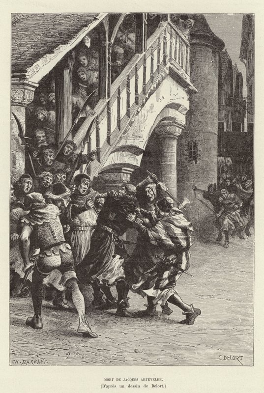 Muerte de Jacques Artevelde. Muerte del comerciante flamenco y líder político Jacob van Artevelde a manos de una multitud, Gante de Charles Edouard Delort