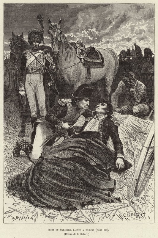 Muerte del Mariscal Lannes en Essling; Napoleón y el moribundo Mariscal Lannes en la Batalla de Aspern-Essling, Austria de Charles Edouard Delort